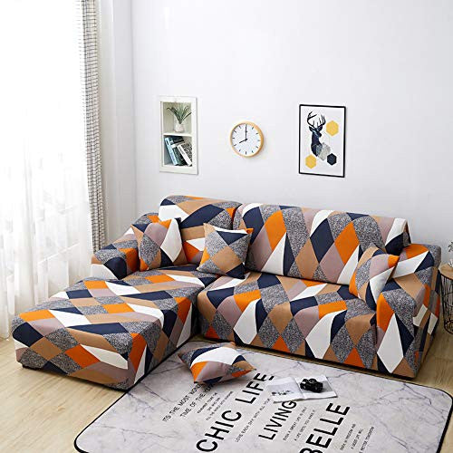 Nibesser - Funda elástica para sofá de 2 piezas esquinero con chaise longue en forma de L, lavable, antimanchas, para salón (Geometría naranja, 1 plaza + 2 plazas), Reacondicionado For Cheap